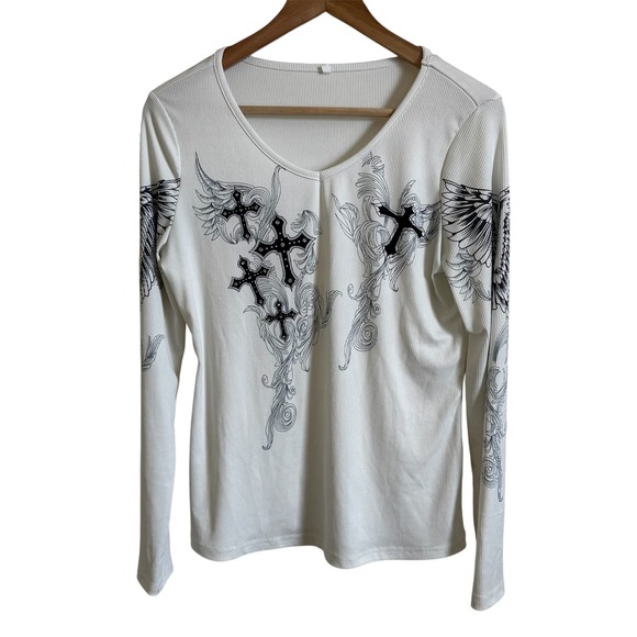 Cross Wing Graphic Long Sleeve Ribbed V Neck Top Y2K Grunge Large - Picture 1 of 7
